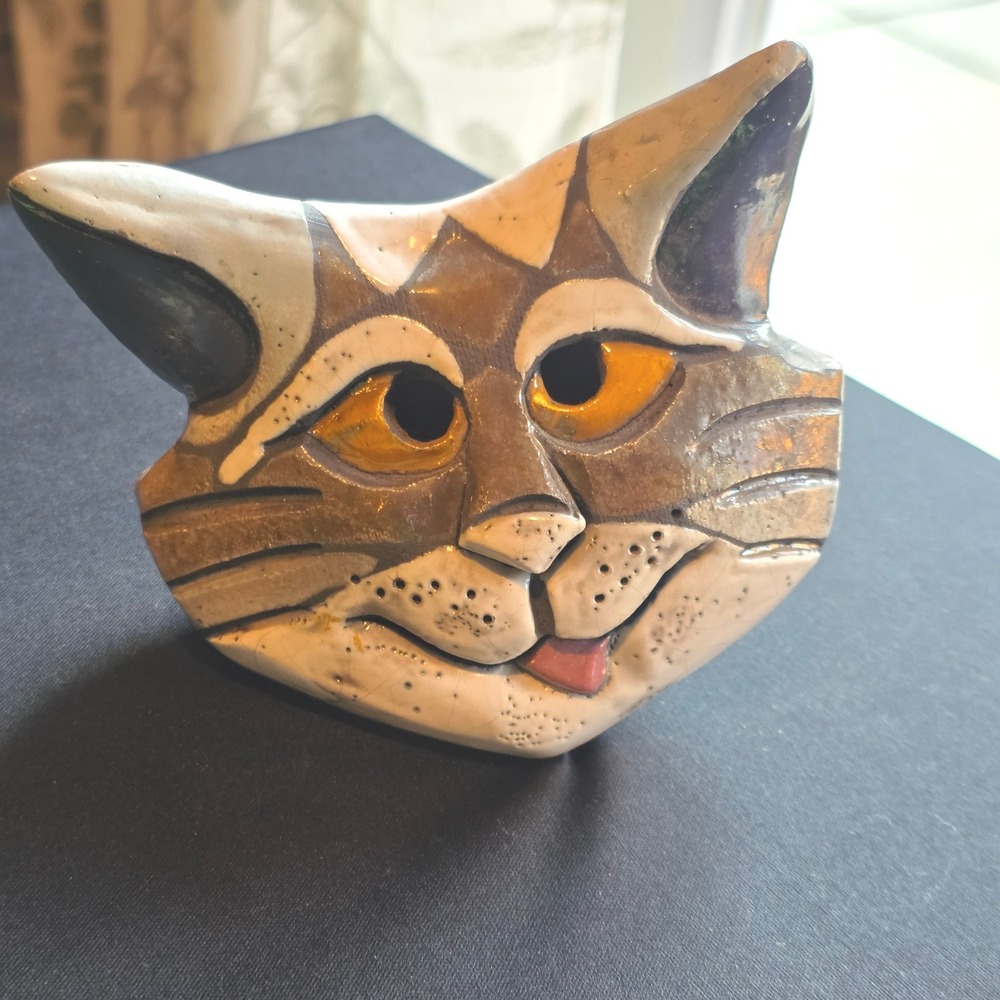 Vintage Studio Pottery Cat Head Sculpture Signed Eleanor Madonik 90s Whimsy Art